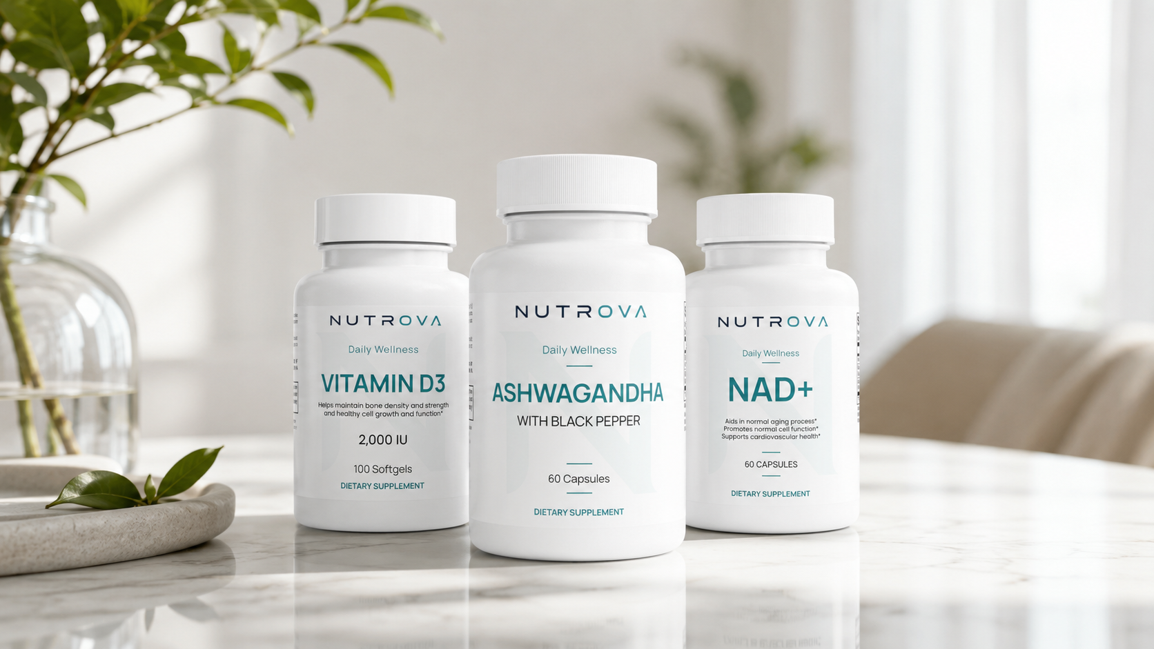 Three Nutrova supplement bottles — Vitamin D3, Ashwagandha, and NAD+ — on a clean marble surface